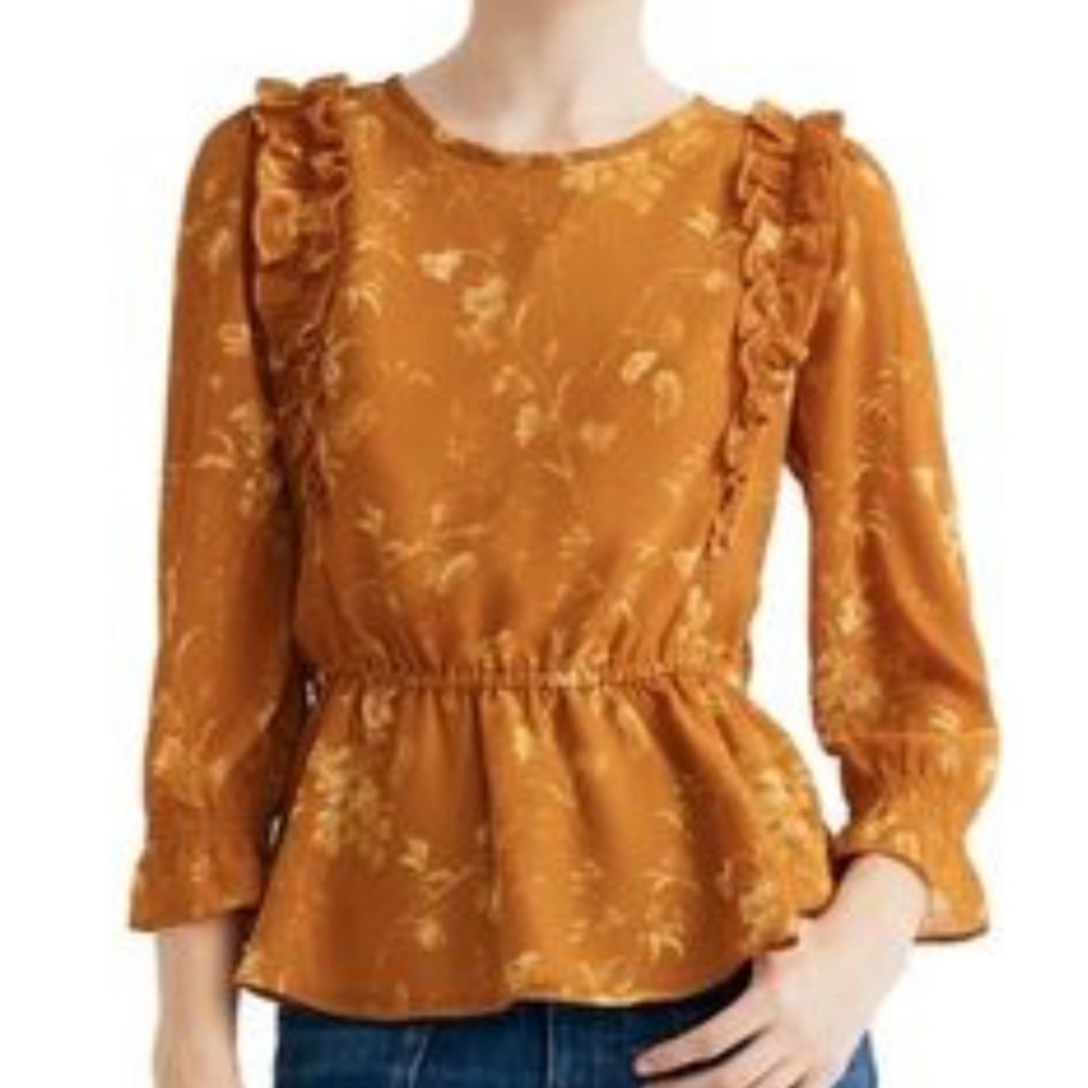 Feminine Ruffle-Shoulder Peplum Top in Tonal Botanical
